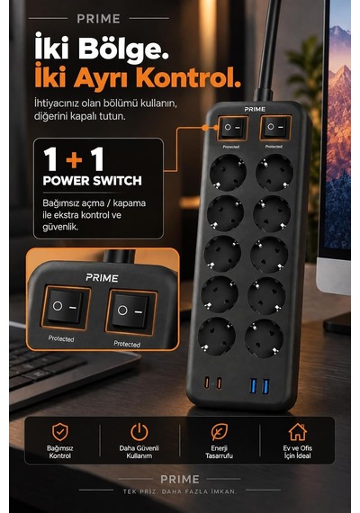 Fulltech Prıme 10'lu Akım Korumalı Priz 3680w - 1050j Koruma, 2 Usb-c + 2 Usb-a, 2 Metre Kablolu, 1+1 Bağımsız Aç/ 0