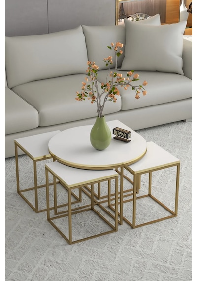 Reyo Falez Oval Lux 5'li Orta Ve Zigon Sehpa Seti Altın Beyaz
