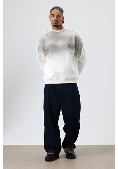 Vamos Yıkamalı Taş Detaylı Oversize Sweatshirt Ekru