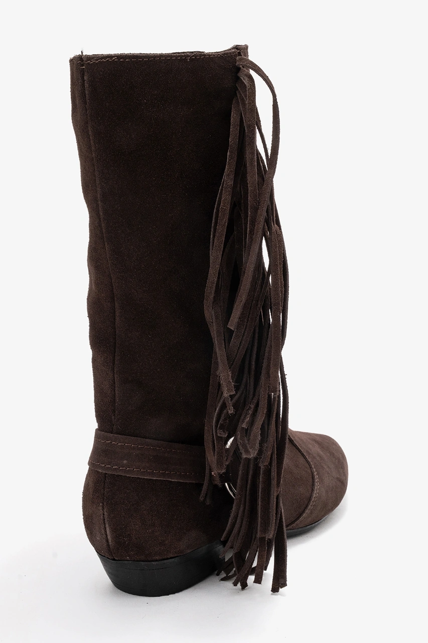 Luvishoes Luvi Shoes Selora Kahverengi Süet Püsküllü Hakiki Deri Tokalı Kadın Western Bot Süet Kahve