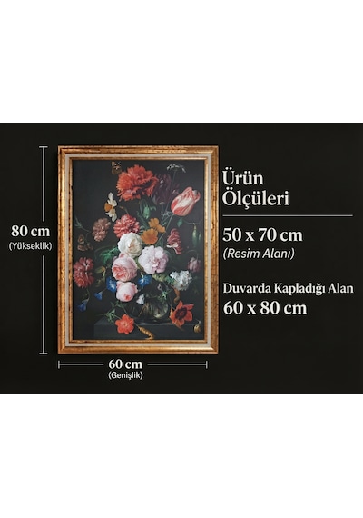 Vintage Gold Çerçeveli Tablo Vazo Ve Çiçekler 60x80 Cm