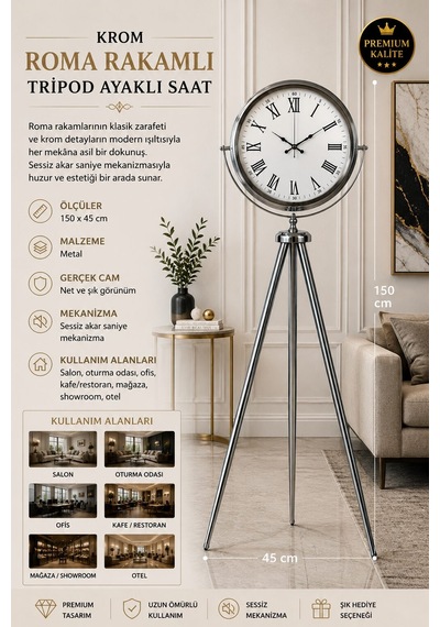 Krom Roma Rakamlı 150 X 45 Cm Metal Tripod Ayaklı Saat