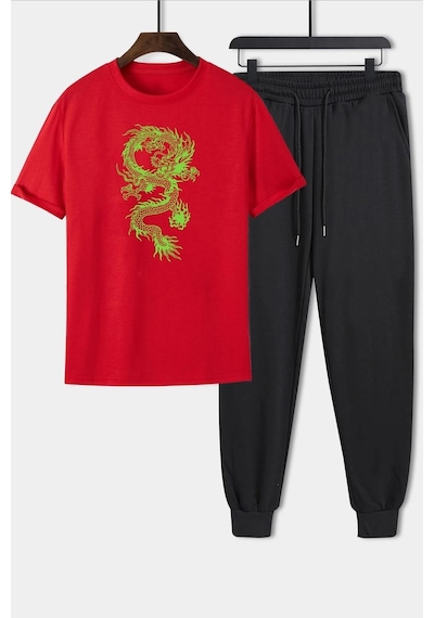 Uyguntarz Unisex Chinese Dragonbaskılı 2'li Eşofman Takımı Kırmızı