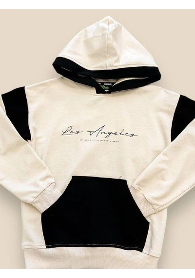 Ekkokids Erkek Çocuk Kapüşonlu Los Angeles Yazılı Pamuklu Sweatshirt-14694 Bej
