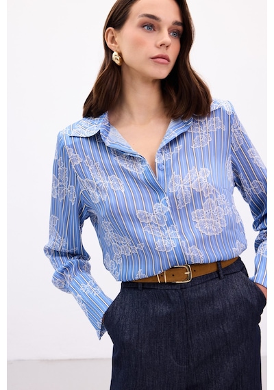 Sateen Geniş Manşetli Gömlek - Mavi-136905 Mavi