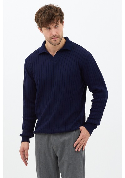 Erkek Lacivert Slim Fit Uzun Kollu Polo Yaka Triko Kazak Lacivert