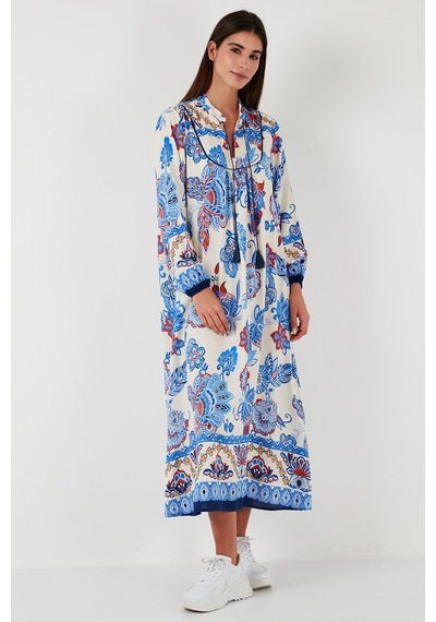 Lela Modest Desenli Regular Fit Bağlamalı V Yaka Maxi Bayan Elbise 611El510 Lacivert