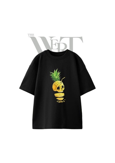 Thewert Ananas Kuru Kafa Tasarım Baskılı Ünisex Siyah Oversize T-shirt
