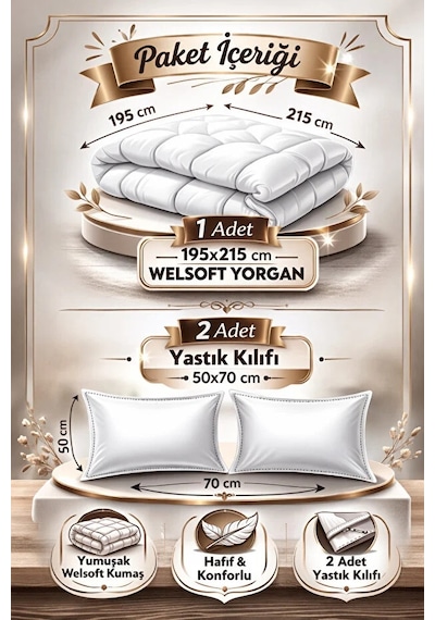 Çift Kişilik Welsoft Yorgan Seti 2 Yastık Kılıfı , Çift Taraflı - Etnik Bej