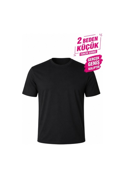 Yuvarlak Yaka Erkek Battal Düz Renk Pamuklu Basic Tshirt Siyah