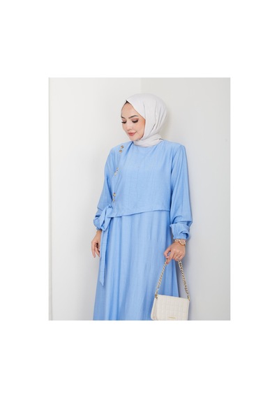 Hb Harma Time Butik Kadın Bağlama Detaylı Mavi Çilek Kumaş Elbise Açık Mavi Açık Mavi
