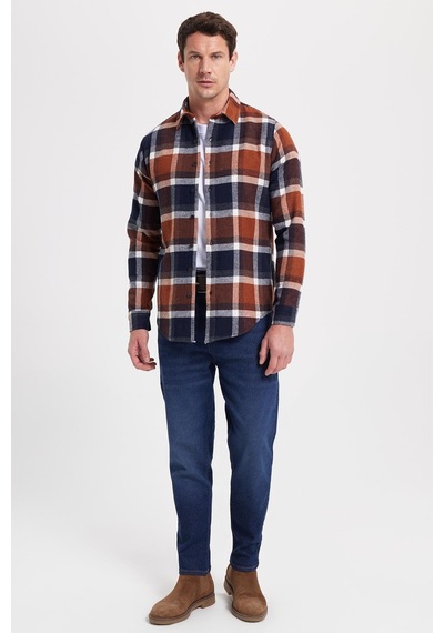 Tudors Erkek Slim Fit Dar Kesim Kareli Kışlık Oduncu Gömlek-42353 Kahverengi