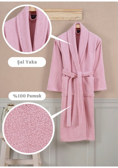 %100 Pamuk Pudra Pembe Kadın Bornoz Banyo, Spa, Havuz, Çeyiz