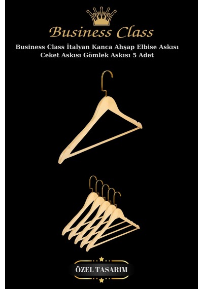 Ceket Askısı Business Class 45 Cm Gold İtalyan Kanca Buluz Elbise Ahşap Askı 5 Adet Diğer