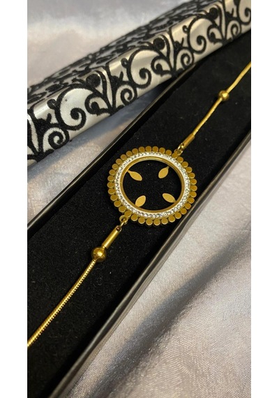 Kadın Zirkon Taşlı Çeyrek Altın Koyulabilen Çelik Bileklik Altın - Gümüş