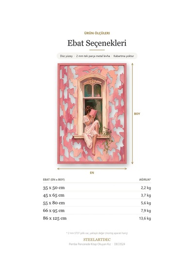 Pembe Pencerede Kitap Okuyan Kız Metal Tablo 66x95 Cm Çok Renkli