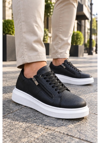 Mevese Roirraw Bağcıklı Ve Fermuarlı Cilt Erkek Günlük Sneaker Ayakkabı - Siyah Beyaz