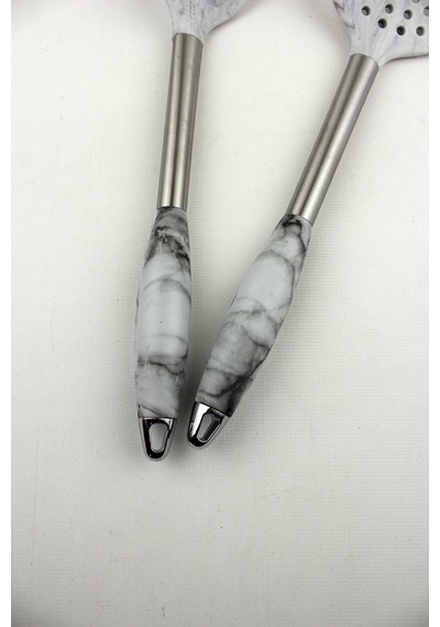 2 Li Marble Silikon Servis Seti Metal Sap Kevgir, Kaşık