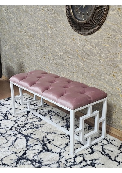Zafir Beyaz Boyalı İçi Kareli Diktörtgen 100 Cm X 40 Cm Oturak Puf - Bench - Makyaj Oturağı - Oturak Pembe