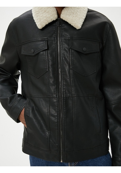 Koton Suni Deri Ceket Yakası Kürklü Cepli Fermuarlı Astarlı Slim Fit Siyah 5wam20085hw Siyah