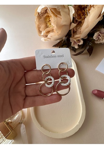 Kadın Taşlı Üç Halkalı Çelik Sarkıt Küpe Renkli