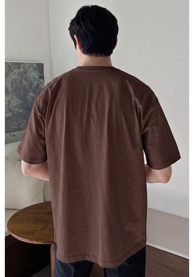 Genius Store Erkek Oversize Tişört Pamuk Kumaş Bisiklet Yaka Rahat Kalıp T-shirt Kahverengi