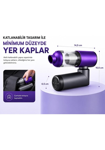 20.000 Pa Kablosuz El Süpürgesi 120w Güç, 7800 Mah Batarya, 200 Ml Toz Haznesi, 8 Başlıklı, Taşıma Çantalı Mini Araç & Ev Süpürgesi Mor