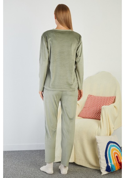 Fullamoda I Love Winter Kabartma Baskılı Kadife Pijama Takımı Yeşil