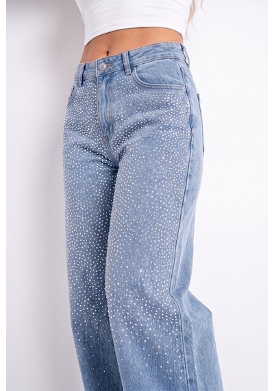 Kadın Mavi Likralı Yüksek Bel Önü Full Taşlı Wide Leg Geniş Paça Jean Kot Pantolon