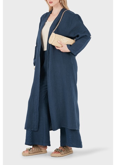 Via Dante % 100 Keten Dantel Ve Brode İşleme Detaylı Kimono Bayan Kimono 7183821 Lacivert