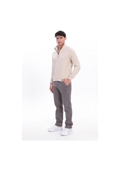 Rowinger Yarım Fermuarlı Dik Yaka Selanik Örme Erkek Sweatshirt Beıge