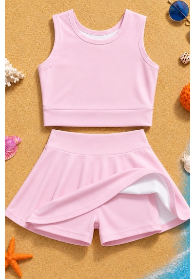 Esila Kids Kız Çocuk Mayo Takım Şort Etekli Alt Ve Üst Pembe
