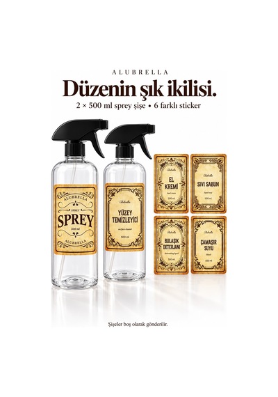 Alubrella 2 Li 500 Ml Şeffaf Boş Sprey Şişe Seti Ve 6 Lı Genel Amaçlı Etiket Amber