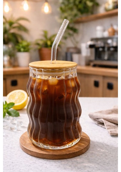 Linea Wave Bambu Kapaklı Cam Pipetli Bardak 450 Ml Dalga Desenli Şeffaf