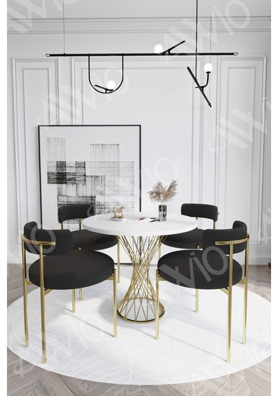 Avvio Pienna Mat Gold Teddy Sandalye 90x90 Yuvarlak Yemek Masası Mutfak Masası Masa Sandalye Takımı Beyaz