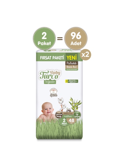 Baby Turco Doğadan Ekonomik Fırsat Paketi Pofuduk Bebek Bezi 2 Numara Mini 96 Adet 2'li Set