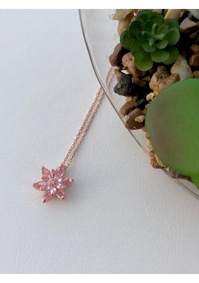 Modahilye 925 Ayar Gümüş Lotus Çiçeği Pembe Taşlı Tasarım Rose Gold Kolye Rose Gold