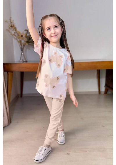 Riccotarz Kız Çocuk Simli Kelebek Baskı Bisiklet Yaka T-shirt Bej Eşofman Takım Beyaz