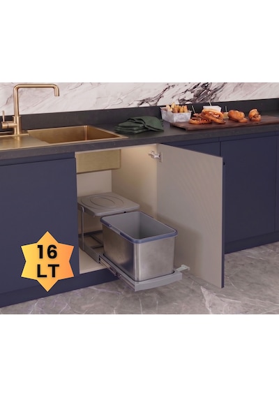 Cassone 16 Litre Kısa Eviye Altı Dolaba Uygun Dolap İçi Raylı Gri Paslanmaz Krom Çöp Kovası - Kapak Genişliği 40 Cm Açık Gri
