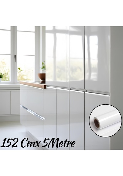 Parlak Beyaz Mobilya Ve Dolap Kaplama Folyosu 152 Cm X 5 Metre Lake , Arkası Gri