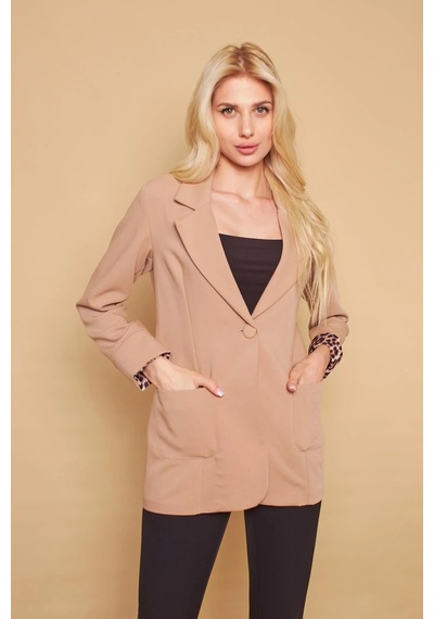 Yakalı Cepli Uzun Kol Katlamalı Blazer Kumaş Ceket-bej Bej