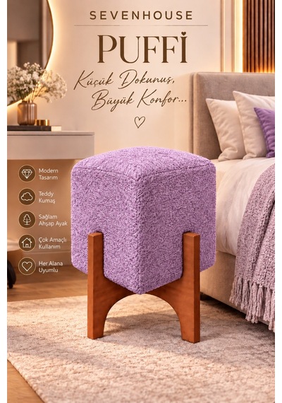 Puffi Ahşap Ayaklı Kare Makyaj Pufu Salon Oturma Pufu Dekoratif Teddy Kumaş Kaplı Puf Lila Lila