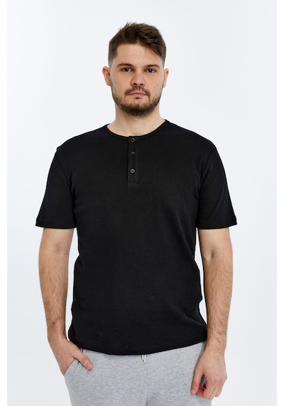 Erkek Henley Yaka %100 Pamuklu Dokulu Kumaştan Kısa Kollu Günlük Basic Tişört SIYAH