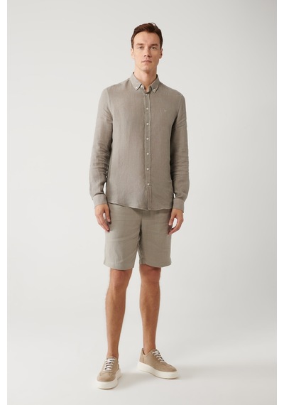 Avva B002191 %100 Keten Düğmeli Yaka Comfort Fit Erkek Gömlek Gri