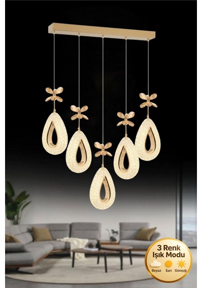 Damla Model 5"li Gold 3 Renk Modu Yemek Masası Oturma Çocuk Yatak Odası Modern Ledli Avize Altın
