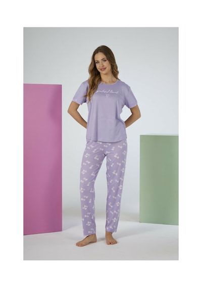 Estiva Kadın Yaprak Alt Desenli Kısa Kollu Soft Pijama Takımı LİLA