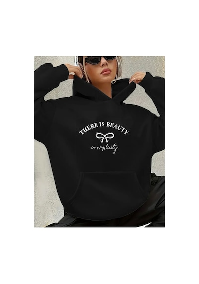 Herkesemoda There İs Beauty Baskılı İçi Polarlı Kapüşonlu Sweatshirt Siyah