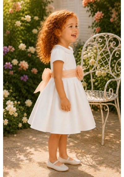 Babyhola Kız Çocuk Sade Beyaz Saten Abiye Elbise Balo Elbisesi 7152 Bej