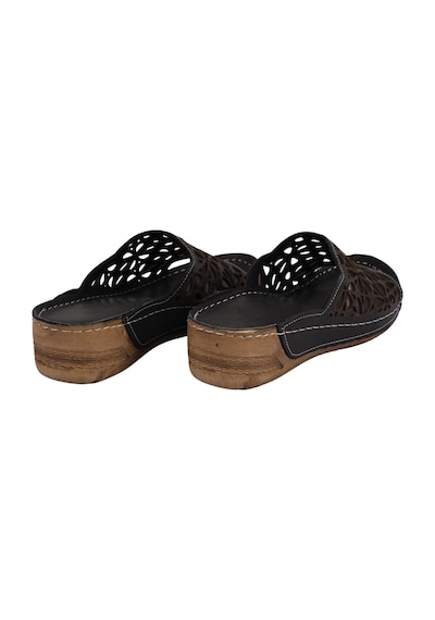 Napa Shoes Rahat Kalıp Lazer Detaylı Hakiki Deri Kadın Dolgu Topuk Terlik Napa-226l Siyah