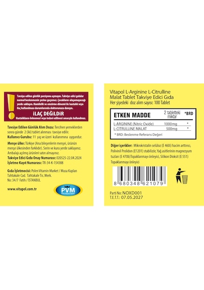 Vitapol L-Arginine L-Citrulline Malat 100 Tablet
